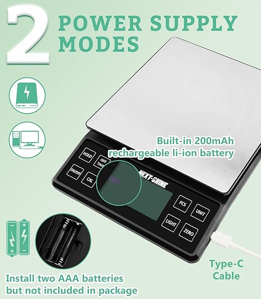 NEXT-SHINE Food Kitchen Scale 11lb 0.1g/0.01oz Precise Graduation, 9 Units Rechargeable Digital Scale Stainless Steel Platform LCD Display
