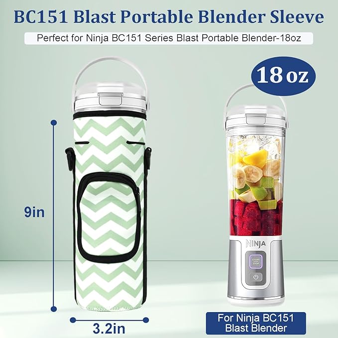 Storage Sleeve Bag for Ninja Blast Portable Blender with Shoulder Strap and Pocket Compatible with Ninja BC151NV/BC51NV/BC151BK/BC151CR/BC151EM/BC151PR/BC151WH Blast Portable Blender (White Green)