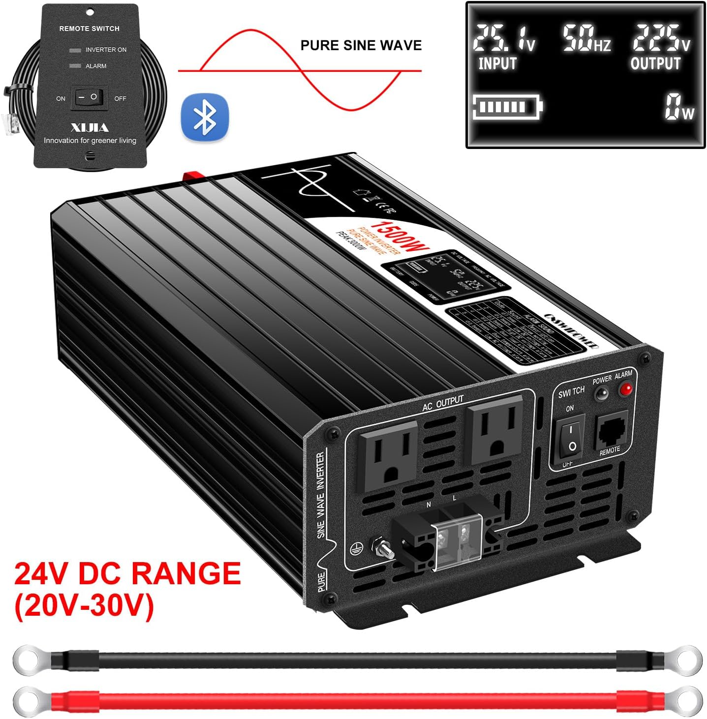Xijia 1500W(Peak Power 3000W) Pure Sine Wave LCD-Display DC 24V Inverter AC 120V 60HZ Solar Inverter for Home rv Truck Use car (DC24V (Range 20V-30V) 1500W)