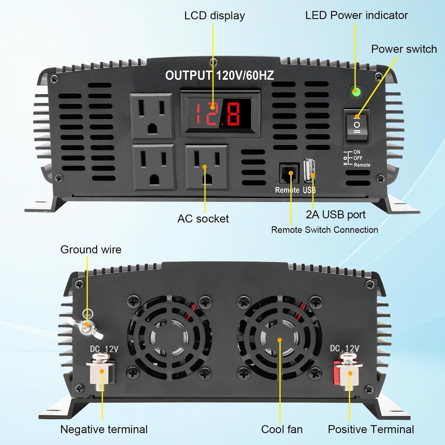 3000 Watt car Power Inverter 12V to 110V /120V for RV semi Trucks Vehicles Power Converter with with 1 USB Ports and 3 AC Outlet- 3000W Inverter