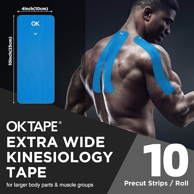 OK TAPE Extra Wide Kinesiology Tape, Precut K Tape Strips, Elastic Physical Therapy Athletic Tape for Pain Relief & Joint Support | Back, Shoulder, Knee (4" x 10" - 20Pcs) Blue