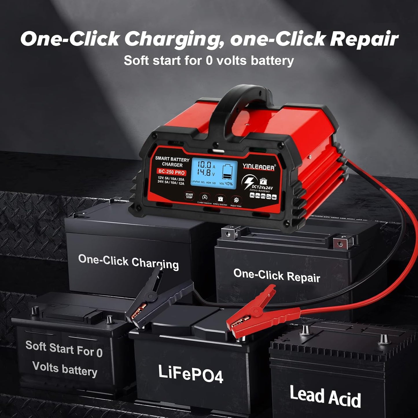 Battery Charger 25A, 12V/24V Lead Acid Smart Battery Charger, 12V LiFePO4 Car Battery Trickle Charger, Automatic Battery Maintainer for Car Motorcycle Lawn Mower Marine Boat Lead Acid Batteries