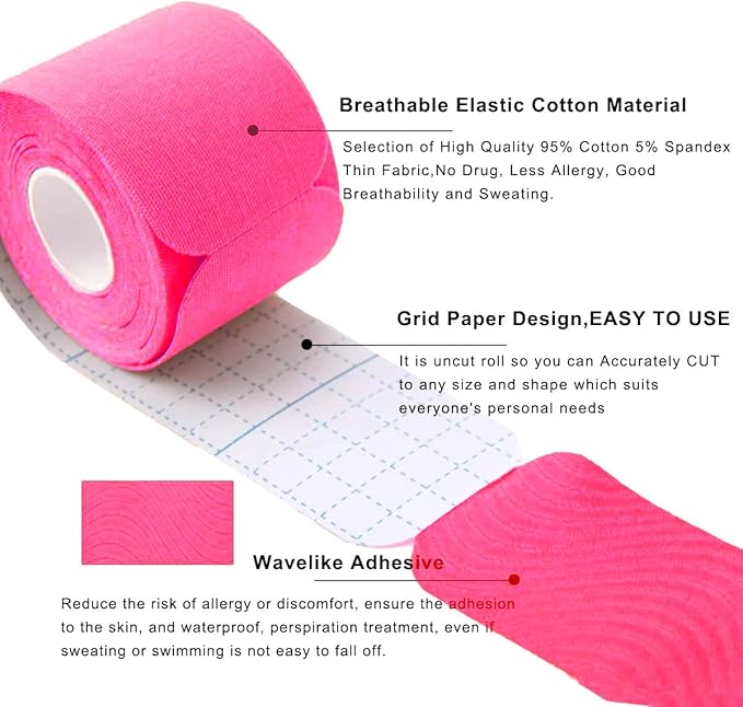 MUEUSS Kinesiology Tape Elastic Cotton Athletic Tape Precut Strips,Waterproof Tape for Protects Muscles,Knees,Shoulders Plantar Fasciitis Pain Relief,Pregnancy Belly Tape (2rolls Black&Pink)