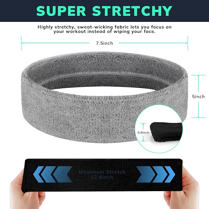 Sweatbands Sports Headband for Men & Women - Terry Cloth Moisture-Wicking Sports Towel Headband for Tennis, Basketball, Running, Gym, and Fitness Working Out