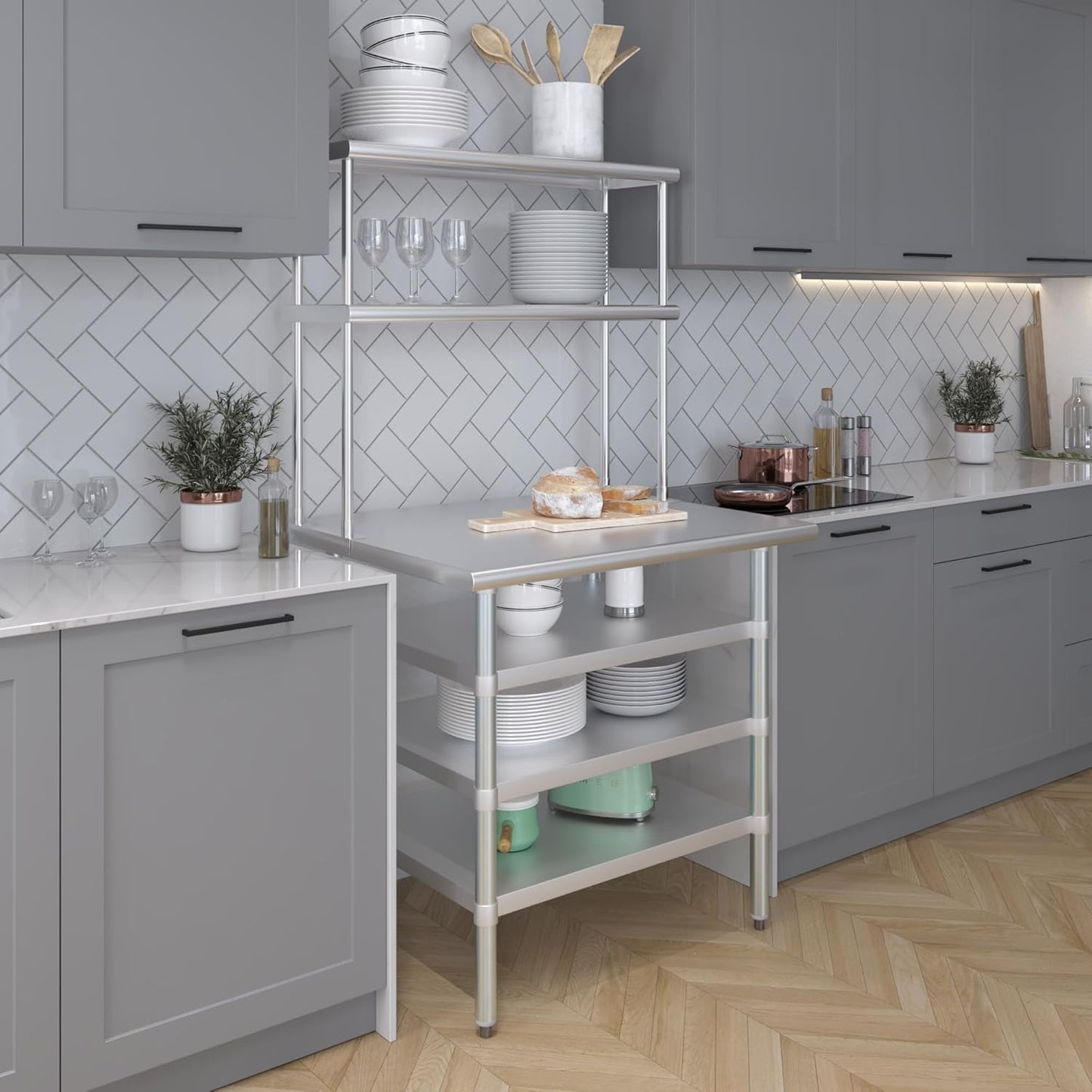 Amgood 30" x 36" Stainless Steel Work Table with 3 Shelves and 12" Wide Double Tier Overshelf | Metal Kitchen Prep Table & Shelving Combo | NSF