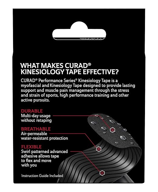 CURAD Performance Series IRONMAN Kinesiology Tape, Pain Management Technology, Sweat & Water-Resistant Athletic Tape, Compression Support for Joints & Muscles, Black, 2 x 10 inches, 1 Roll (20 Strips)