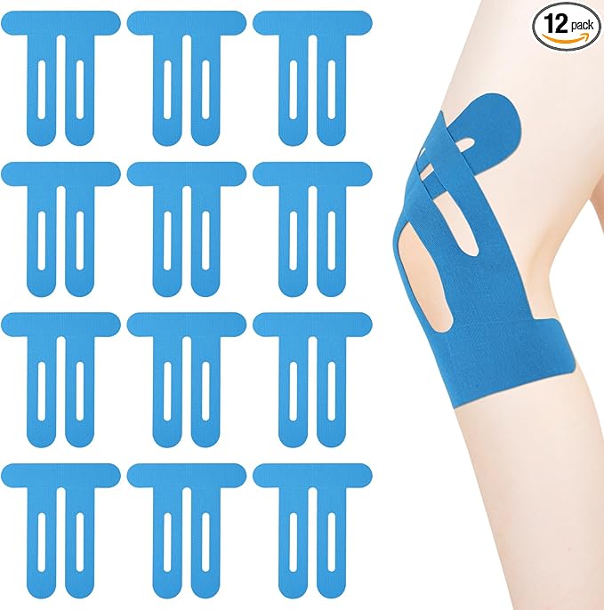 12pcs Precut Tape for Knees, Breathable Elastic Athletic Muscle Tape Strips Flexible, Waterproof Sport Knee Support Patch Stickers for Knee Pain & Stability