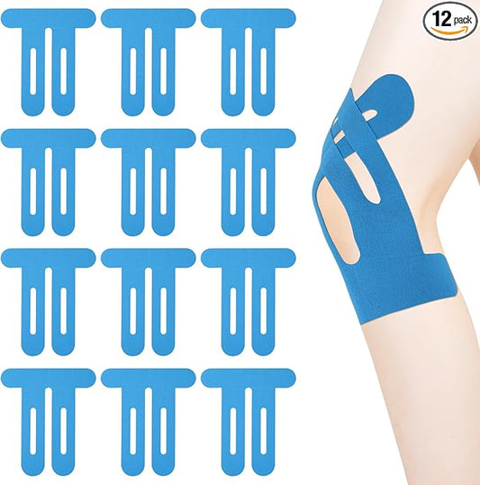 12pcs Precut Tape for Knees, Breathable Elastic Athletic Muscle Tape Strips Flexible, Waterproof Sport Knee Support Patch Stickers for Knee Pain & Stability