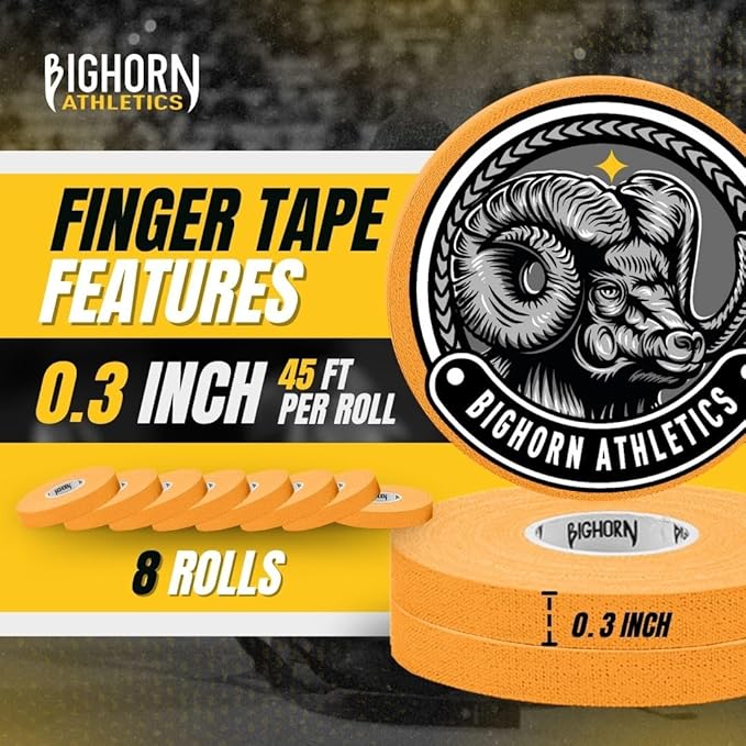 Bighorn Athletics Jiu Jitsu Finger Tape | Residue-Free Athletic Finger Tape for Sports & Injuries: Rock Climbing, Volleyball, Football, Basketball, Hands & Toes | 0.3-Inch x 45-feet, 8-Rolls, Orange