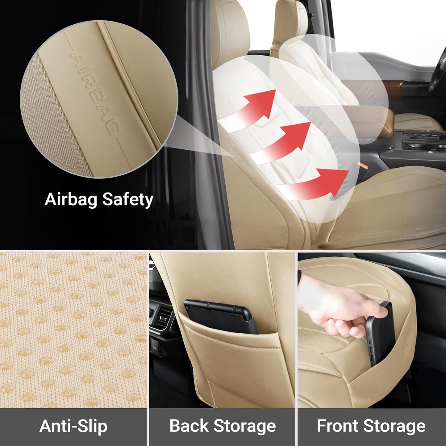 Coverland Custom Car Seat Covers Compatible with Avalanche, Ram 1500, Ram 2500 - Premium Leather Non-Slip Memory Foam Waterproof Interior Protector Front Seat-Beige [See Size Chart-Size A43]
