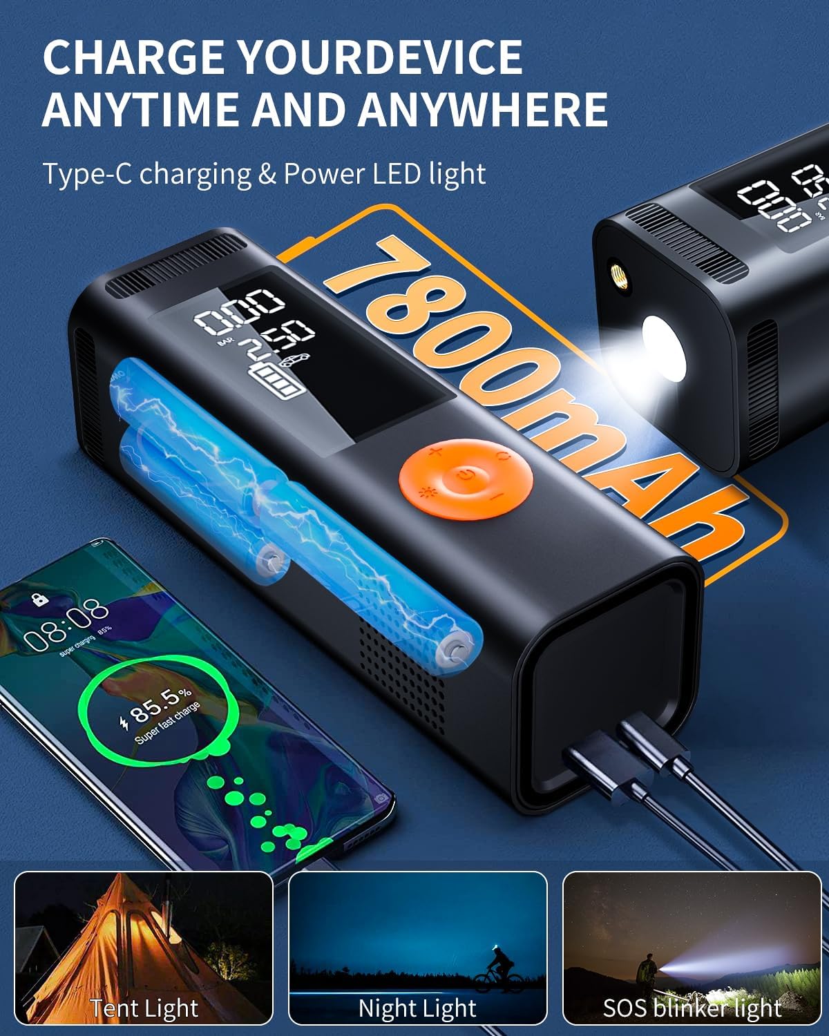 Tire Inflator Portable Air Compressor - 150PSI 4x Faster Portable Tire Inflator for Car - Air Pump For Car Tires with Digital Pressure AutoOff Smart Air Pump Suitable SUV, Bike and More (Orange)