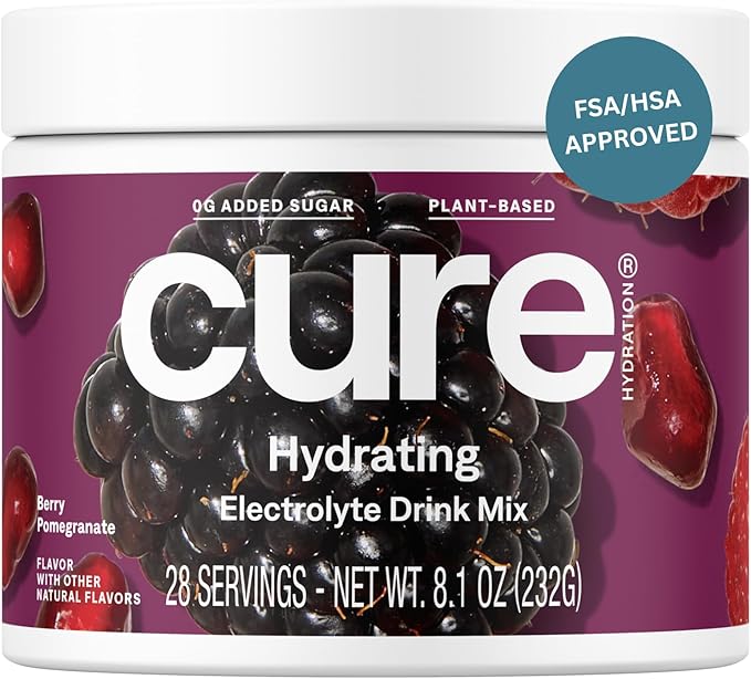 Cure Hydration | Plant-Based Electrolyte Drink Mix | No Added Sugar | FSA-HSA | Dehydration Relief Powder Made with Coconut Water | Non-GMO | Vegan | 28 Servings Jar - Berry Pomegranate