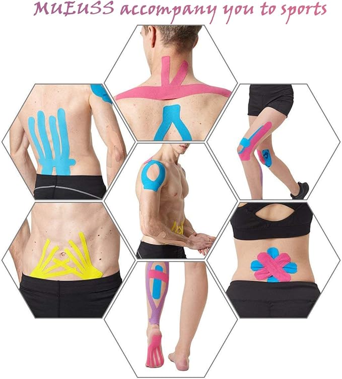 MUEUSS Kinesiology Tape,Sports Tape,Athletic Tape Elastic Cotton Precut Strips,Waterproof Tape for Muscles,Knees,Shoulders Plantar Fasciitis Pain Relief,Pregnancy Belly Tape (2rolls Black&Beige)