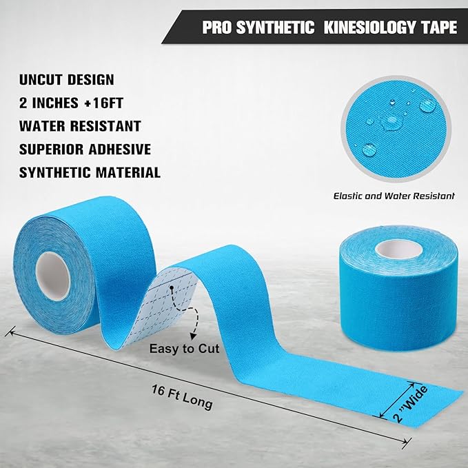 Pro Synthetic Kinesiology Tape 1 Roll, Athletic Sports Tape for Muscle Joint Support, Pain Relief for Knee Elbow Wrist Ankle Plantar Fasciitis, 2 in x 16.4 Ft, Light Blue