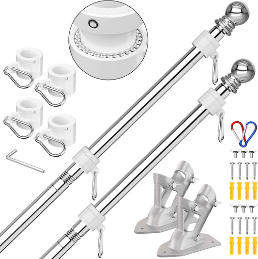ZMTECH Flag Pole - Upgraded Bracket, (2 Packs) 6 FT Stainless Steel Flag Poles for Outside House, Residential or Commerical, Tangle Free Flag Pole Kit for American Flag (Without Flag, Silver)