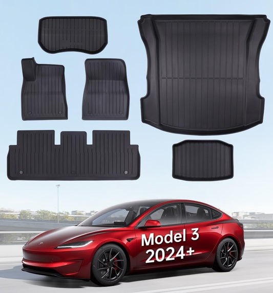 2025 New Version Floor Mats for Model 3 Highland - Full Set All Weather TPE Front, Rear, Cargo & Sub-Trunk Mats, 6-Piece Custom Fit
