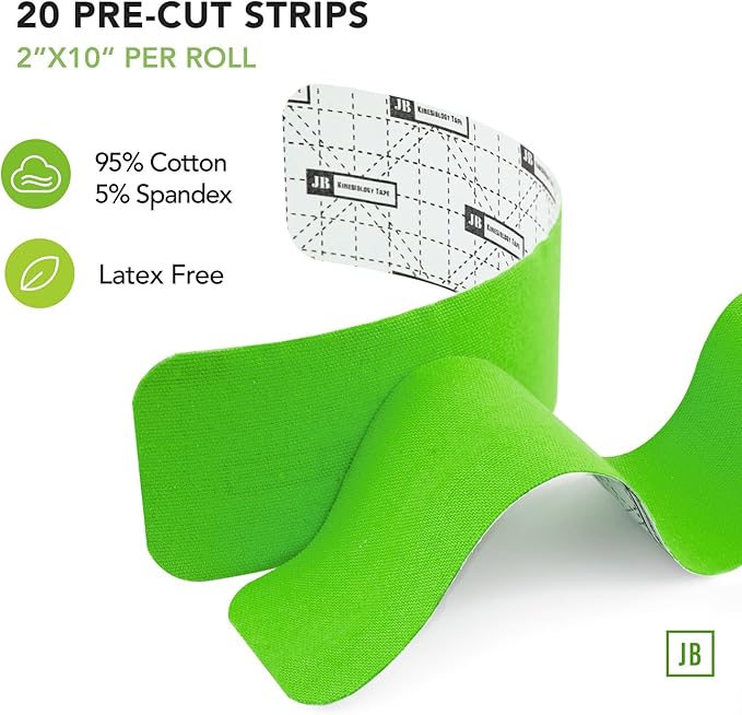 JB Tape, Precut Kinesiology Strips 4 Rolls- (80 Count, 10") Elastic, Latex-Free, Water Resistant, Athletic Sports Tape for Body, Joint & Muscle Support. (Green)
