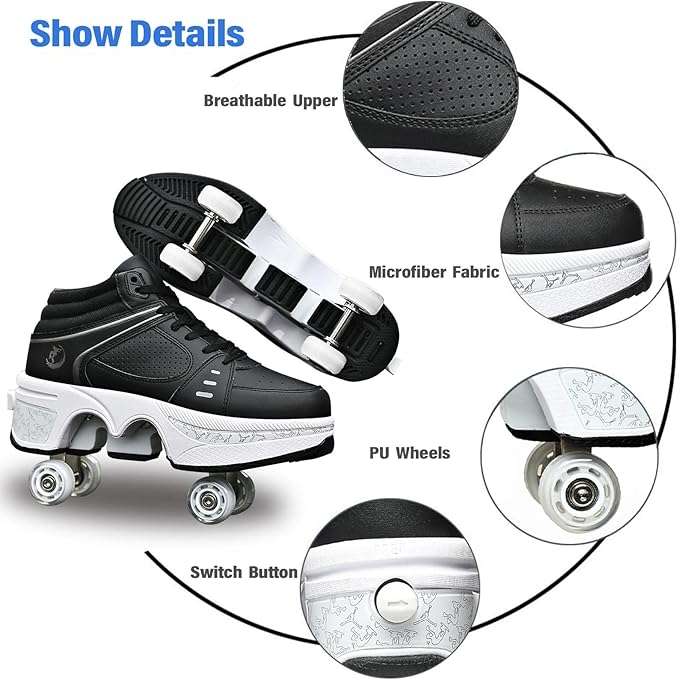 Roller Skate Shoes for Women Four Rounds Children's Roller Skates Shoes That Turn into Rollerskates Sneakers Outdoor Light Shoes with Wheels for Girls/Boys