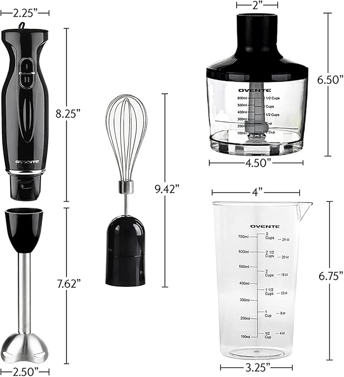 OVENTE Immersion Hand Blender, 300W Electric Handheld Portable Stick Mixer Set with 2 Mixing Speed, Stainless Steel Blades, Egg Whisk Attachment, Mixing Beaker and BPA-Free Food Chopper, Black HS565B