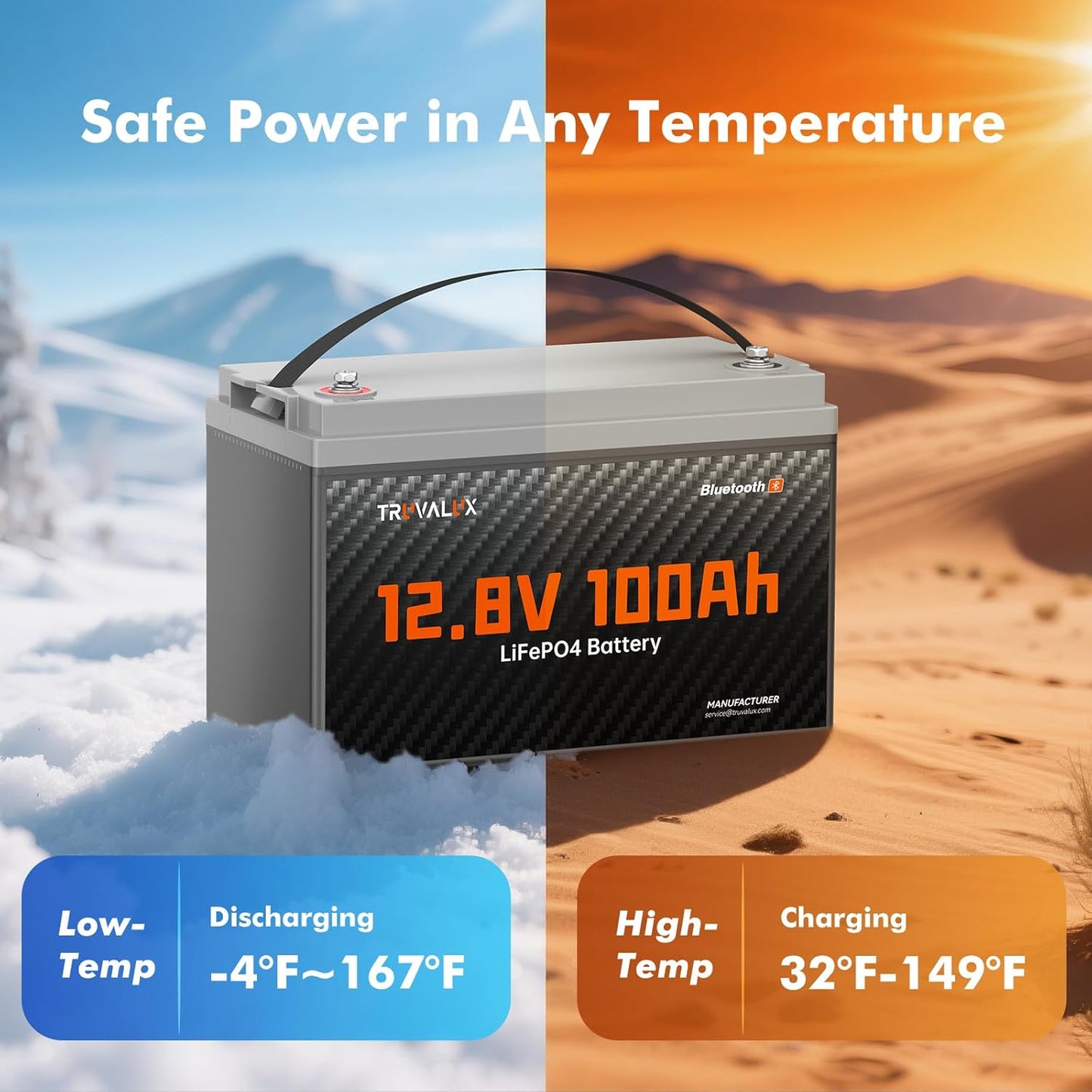 12V 100Ah LiFePO4 Bluetooth Battery Group31,Low Temp Protection, Built-in Smart 100A BMS, 5000+ Cycles, 1.28 kWh Energy, Perfect for Solar, Off-Grid, RV, Trailer, Trolling Motor, Home Backup