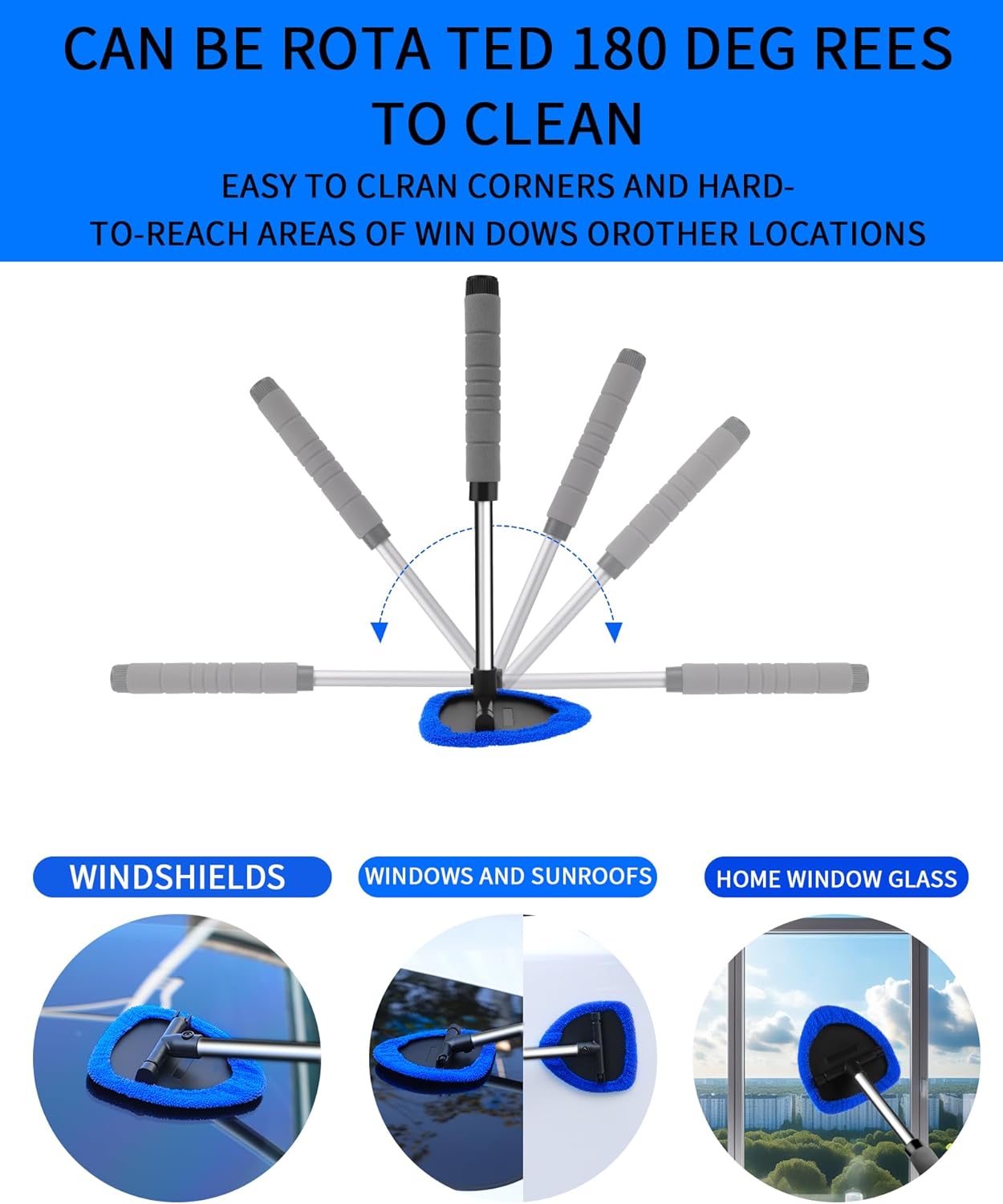 Auto Window Cleaning Tool, Retractable Windshield Cleaner Wand, Car Window Glass Cleaning, Double Sided car Window Cleaner, Microfiber Mirror Cleaning Tool kit. Car Interior Cleaning. (Blue)