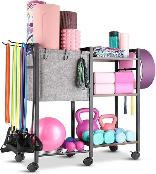 Yoga Mat Storage Rack Home Gym Equipment Organizer Holder for Foam Roller Dumbbells Kettlebells Resistance Bands and More Accessories Women Men Workout Organization with Hooks Wheels (Black)