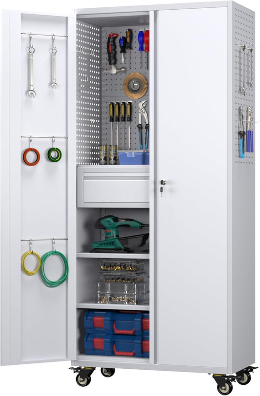 71" Metal Garage Storage Cabinet with 16 Hooks and Pegboards,1 Drawer Inside Rolling Tool Storage Cabinet with Adjustable Shelves,3 Metal Hanging Rod for Garage,Warehouse(Grey/White)
