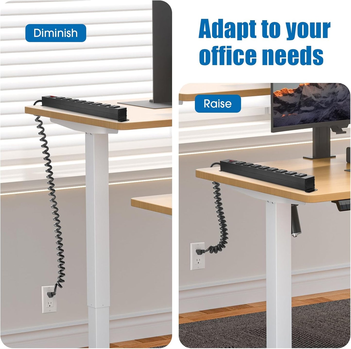 2Pack 8 Outlet Metal Wall Mount Power Strip, Mountable Outlet with Switch, Heavy Duty Wide Spaced Surge Protector, 10 FT SJT 14AWG Black Spring Cord.