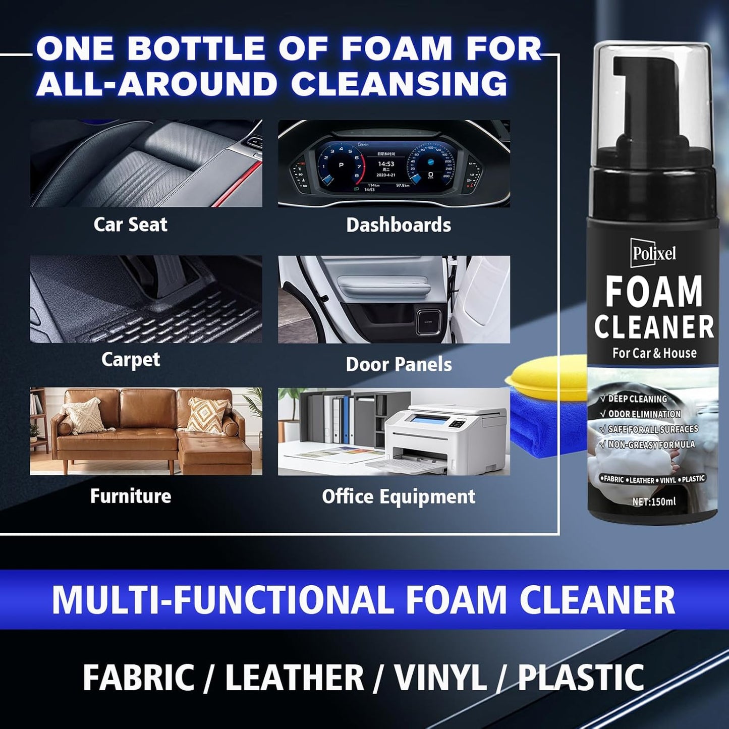 Multifunctional Foam Cleaner for Car - Car Interior Cleaner & Deep Stain Remover for Home, Powerful Foam Removes Dirt and Stains from Seat, Fabric and Carpets - 5oz / 150ml