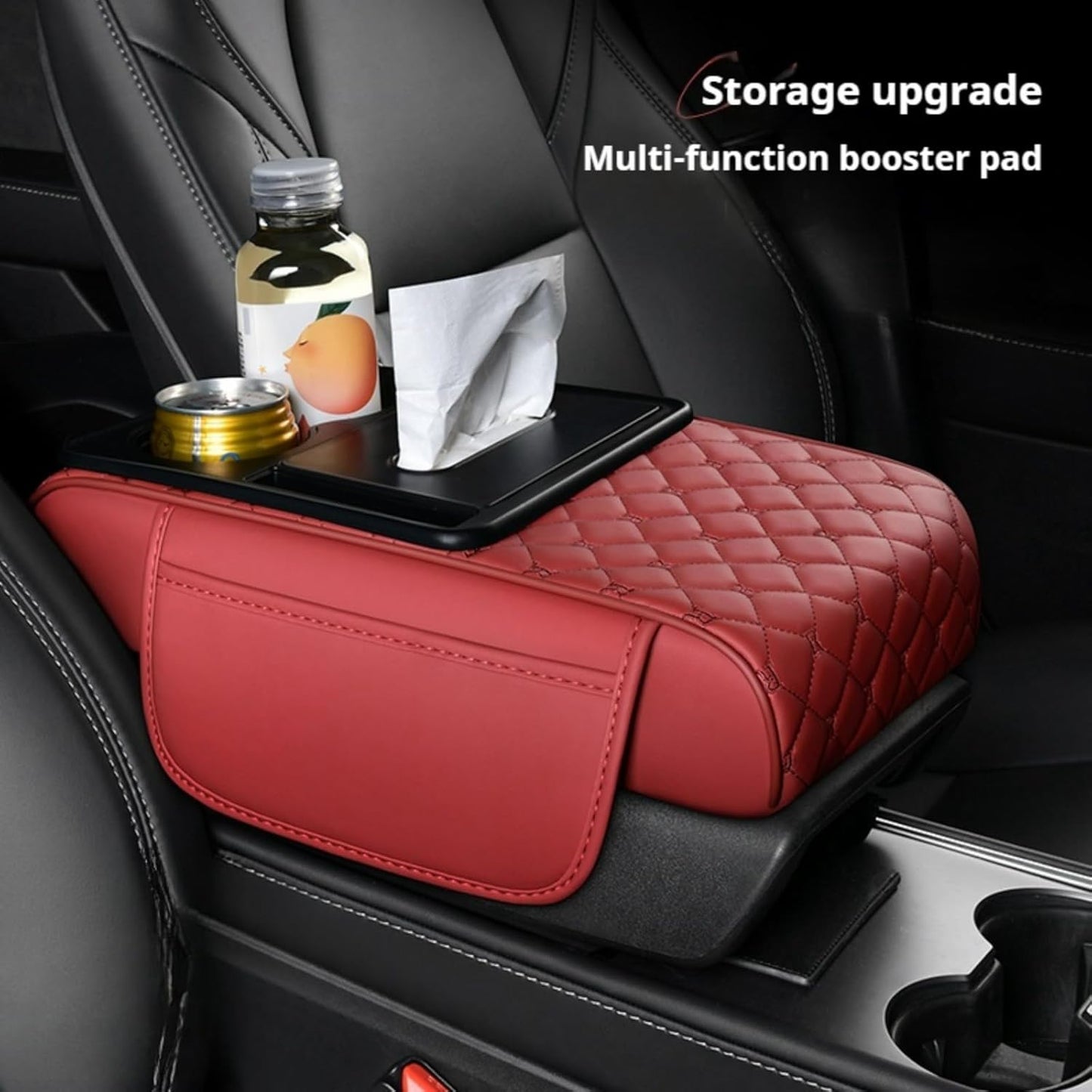 Center Console Cover Organizer, 5-In-1 Arm Rest Cover for Car with Cup Holder & Storage Pocket & Tissue Holder, Armrest Cover Cushion Pad, Grid, Rose-Tinted