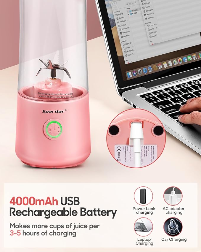 Spardar Portable Blender for Shakes and Smoothies, 4000mAh Personal Blender with 6 Blades, USB Rechargeable Blender Bottles Electric, Mini Blender Cup Portable Juicer for Home Sports Outdoors