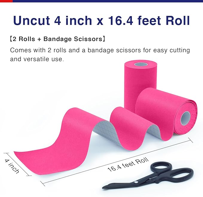 Kinesiology Tape (2 Rolls) Extra Wide 4 inch x 16.4 feet Roll,Cotton Elastic Premium Athletic Tape,Hypoallergenic and Waterproof K Tape (Pink（2 Roll + Bandage Scissors）)