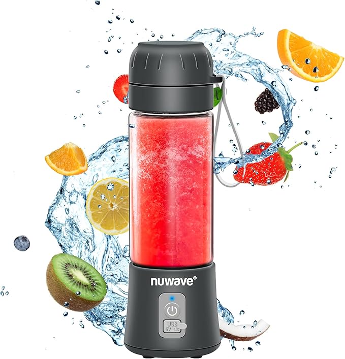 Nuwave Portable Blender for Shakes and Smoothies, On-the-GO Personal Blender with USB-C Rechargeable, 6-Piece-Blade for Crushing Ice, BPA Free 18 Oz Tritan Jar for Travel, Office and Sports