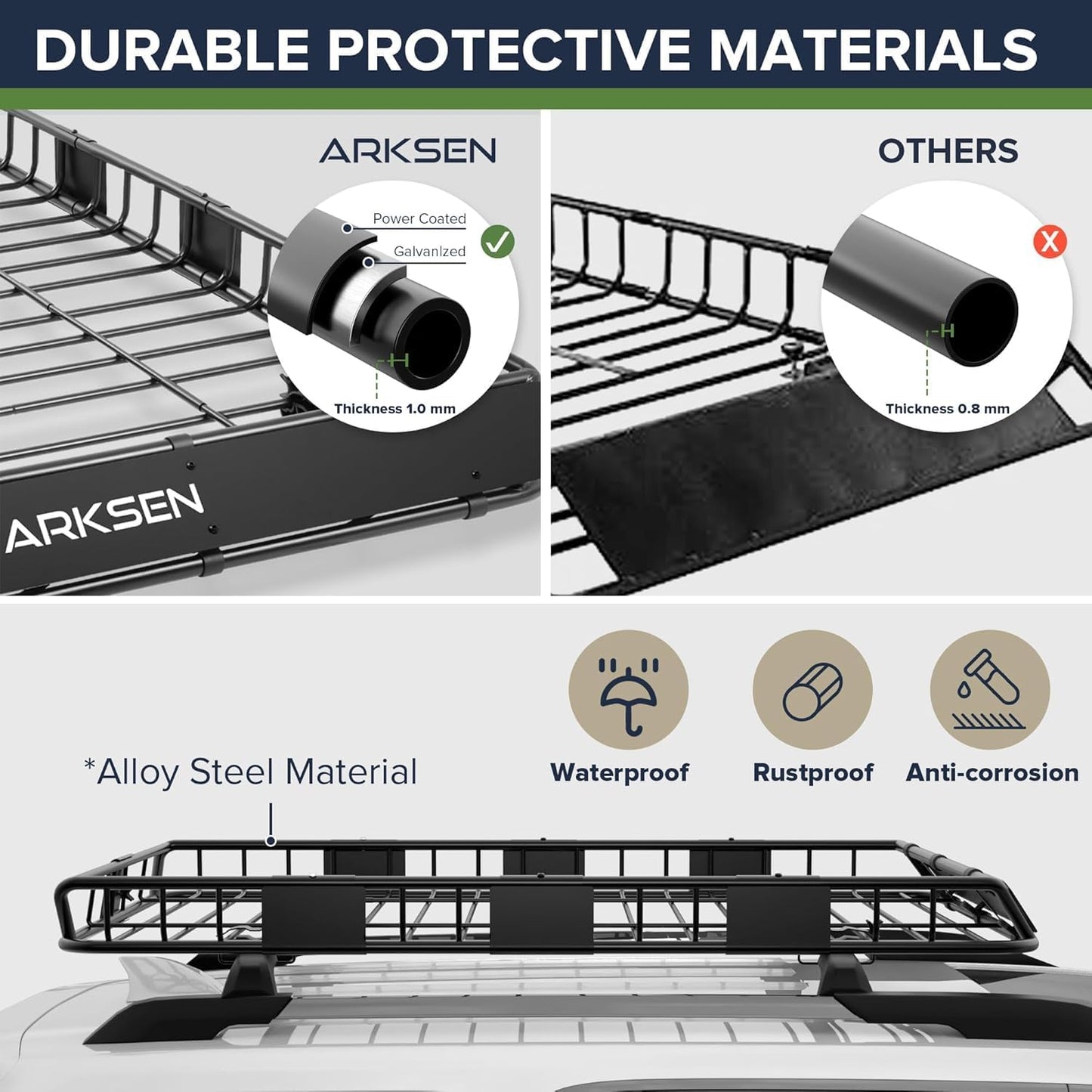 ARKSEN 64 x 39 x 5 Inch Universal Roof Rack with Waterproof Bag, Cargo Net & 2 Ratchet Straps - Upgrade 150Lbs Capacity Heavy Duty Rooftop Cargo Carrier with Extension for Car, SUV & Pickup