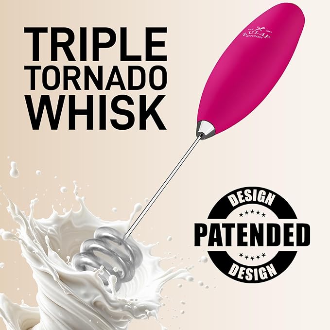 Zulay Kitchen Tornado Whisk Milk Frother with 4 AA Duracell Batteries - Triple Whisk for More Power - Handheld Coffee Frother with Stand - Drink Mixer for Lattes, Matcha & Protein Shakes