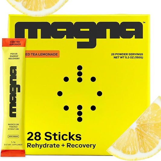 MAGNA Electrolyte Powder Drink Mix for Hydration, Energy & Focus Support with Magnesium L Threonate, Malate & Glycinate, Sodium, Potassium, Vitamin D, B6 & B12, Tea Lemonade Flavor, 28 Servings