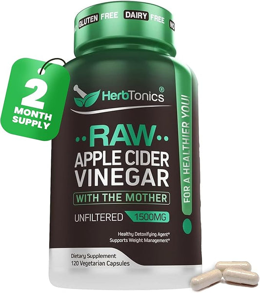 Herbtonics Raw Apple Cider Vinegar Capsules 1500mg with Mother | Weight Management, Detox & Digestion Formula with GLP-1 Support | Unfiltered ACV for Metabolic Support | 120 Vegan Capsules