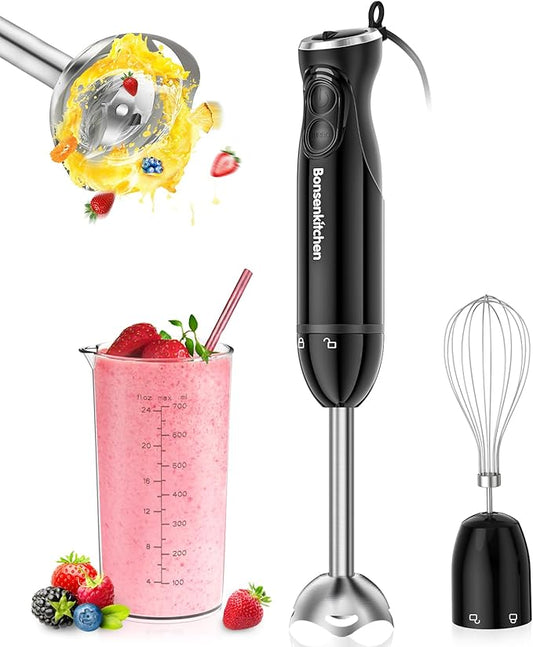 Bonsenkitchen Immersion Blender Handheld, 12-Speed and Turbo Hand Blender Electric with Sharp Blades, 3-In-1 Hand Held Stick Blender with Egg Whisk, 24oz Beaker for Soups, Smoothies, Sauce