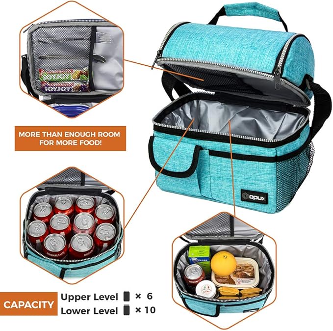 OPUX Lunch Box for Men, Adult Lunch Box Cooler, Insulated Lunch Bag Women, Dual Compartment Lunchbox for Work, Leakproof Double Decker Lunch Bag, Soft Lunch Pail Tote Boys Girls Kids School, Teal Blue