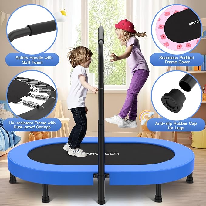 ANCHEER 56" Double Mini Trampoline for Kids, Mini Rebounder with 5-Level Adjustable Handle, Parent-Child Trampoline for Kids, Max Load 220lbs, Fun for Indoor/Outdoor