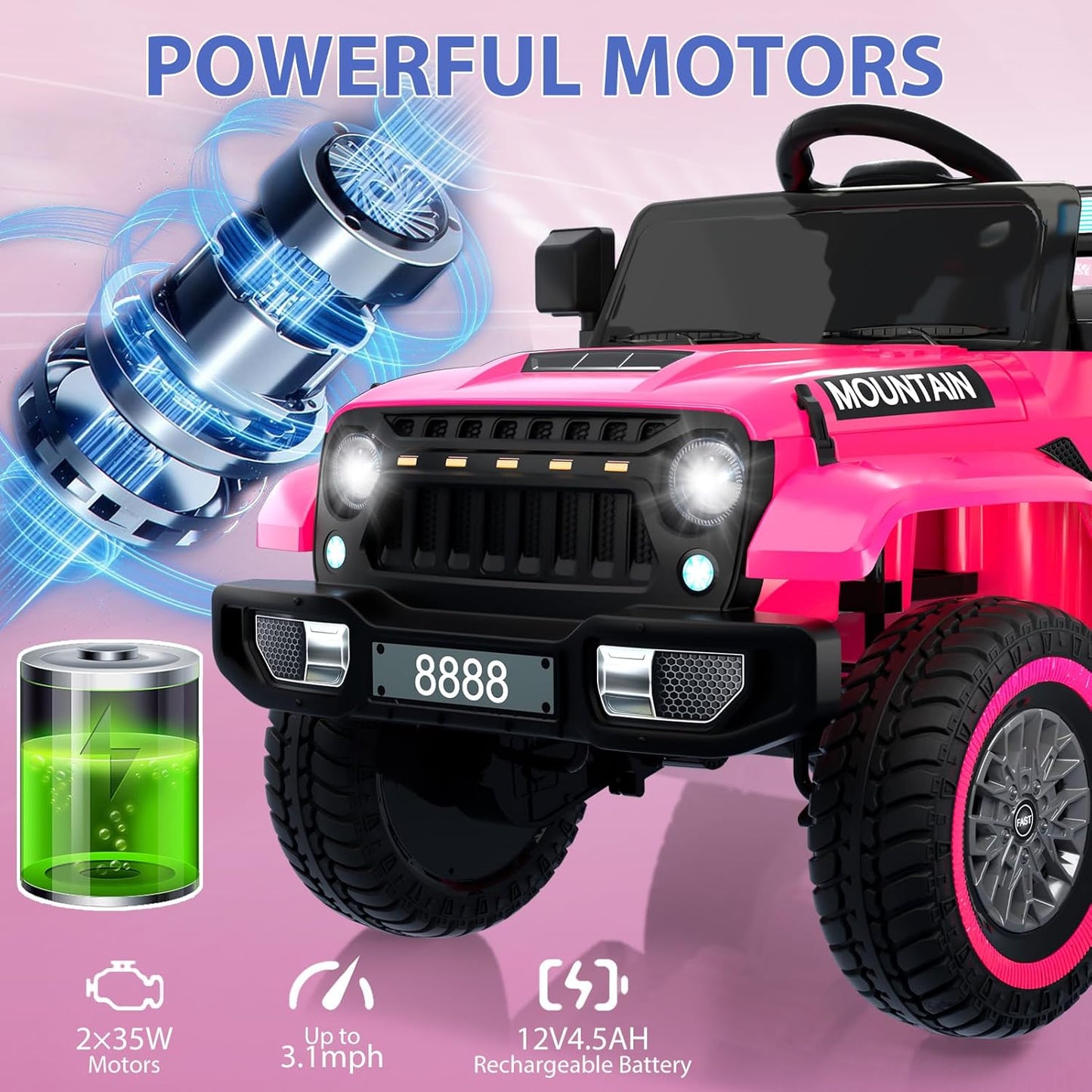12V Kids Ride On Truck Car, Battery Powered Electric Vehicles with Remote Control, Spring Suspensions, 3 Speeds, LED Lights, Music, MP3, Ride On Toy Car for Children Toddles Boys Girls, Pink