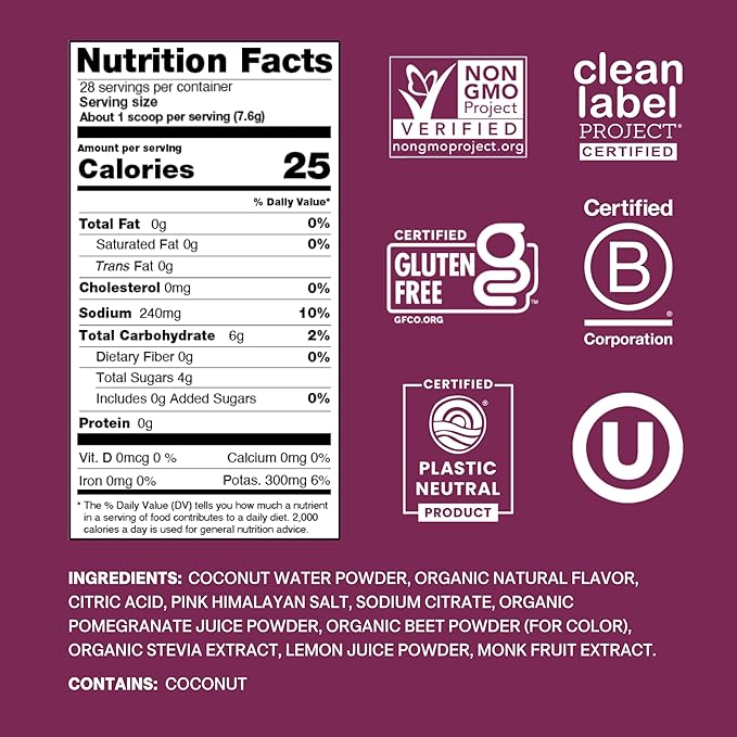 Cure Hydration | Plant-Based Electrolyte Drink Mix | No Added Sugar | FSA-HSA | Dehydration Relief Powder Made with Coconut Water | Non-GMO | Vegan | 28 Servings Jar - Berry Pomegranate