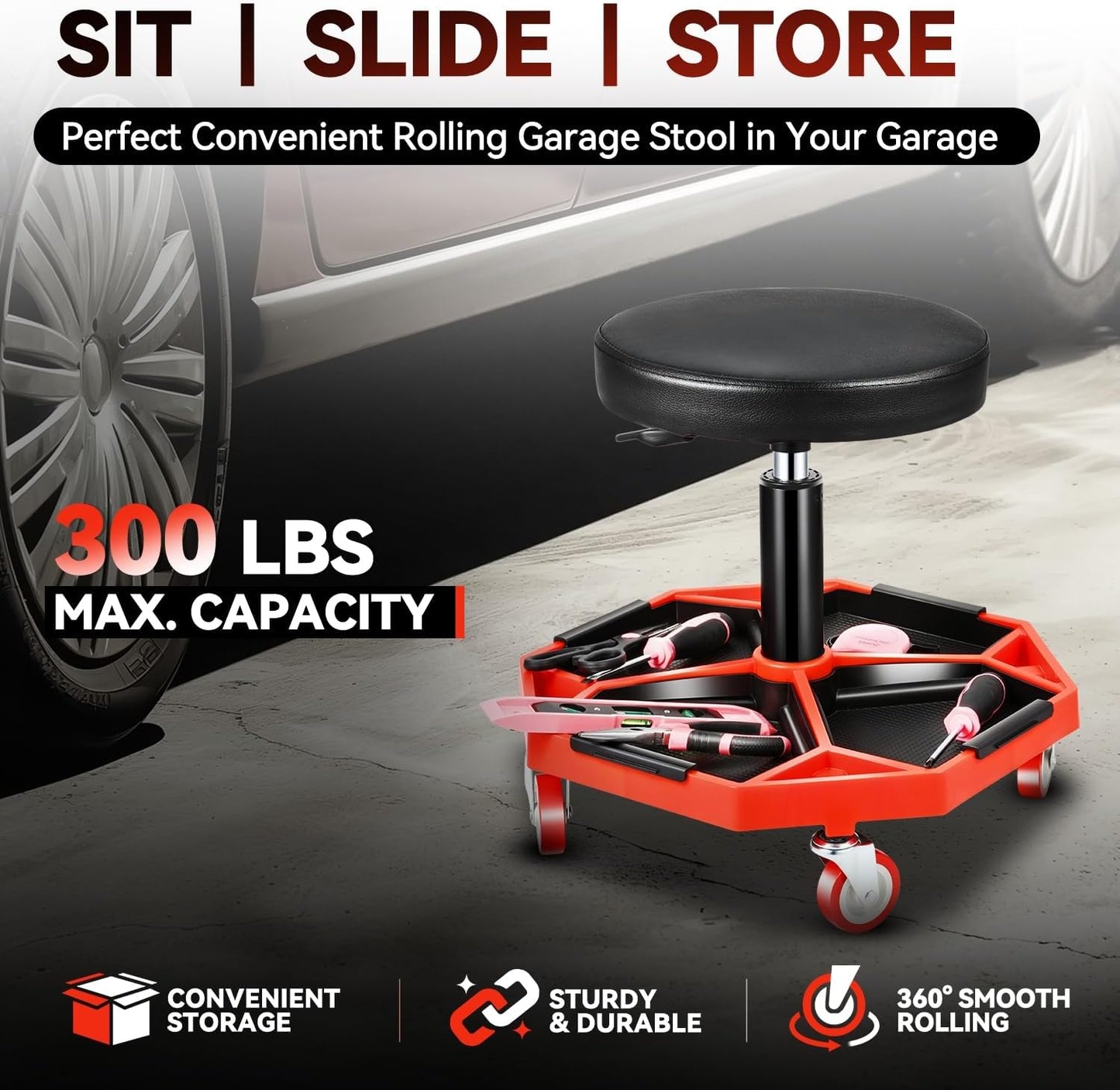 Auto Dynasty Mechanic Stool, Adjustable Rolling Pneumatic Creeper Garage Shop Seat with Tool Tray, 300 LBS Roller Seat for Workshop Auto Repair, Adjustable Height 15.7" to 21", Black/Red