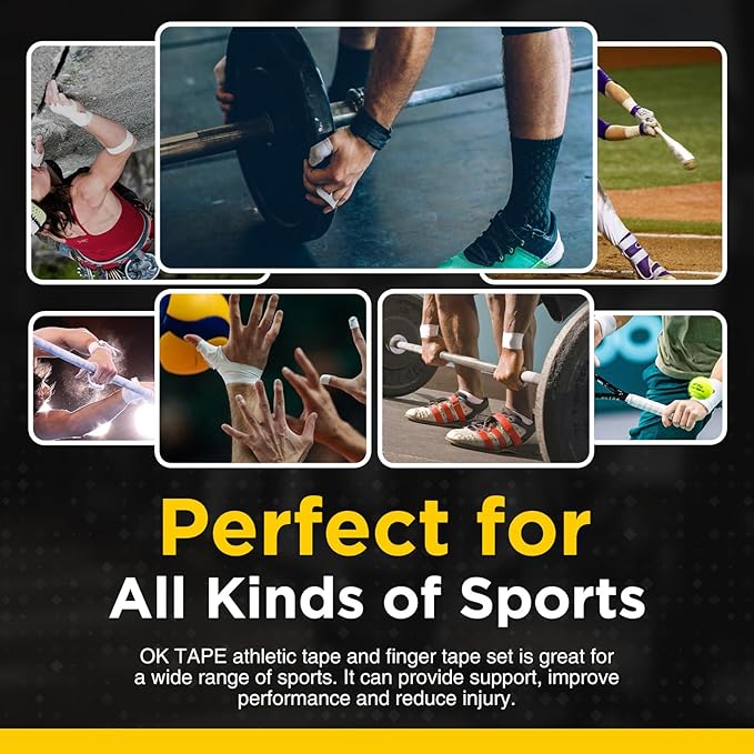 OK TAPE Athletic Tape Finger Tape, Extra Strong Adhesive Sports Tape for Weightlifting, Climbing, Basketball, Volleyball, Black 3 Rolls 1.5" x 15yds and 1 Roll 0.5in x 15yds