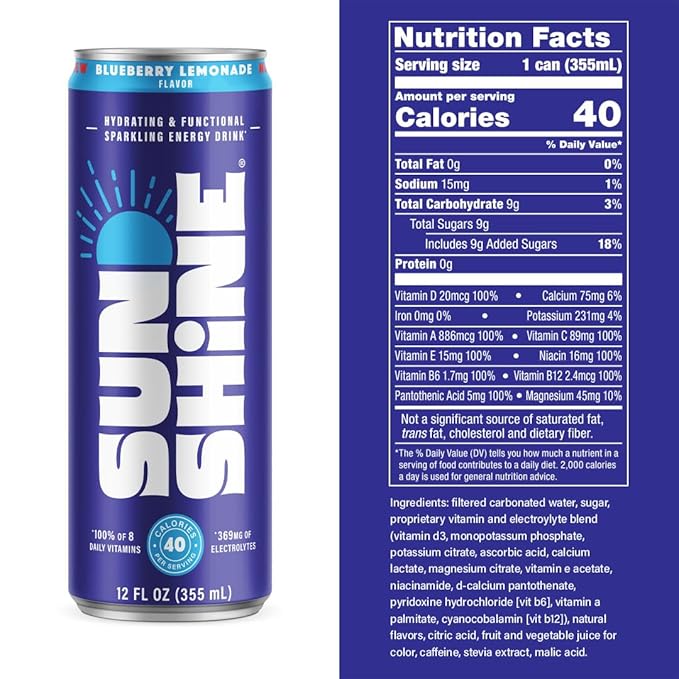 Sunshine Sparkling Energy Drink, Blueberry Lemonade with Daily Essential Vitamins, 360mg of Electrolytes, 70mg of Natural Caffeine, 12 Fl Oz (Pack of 12)