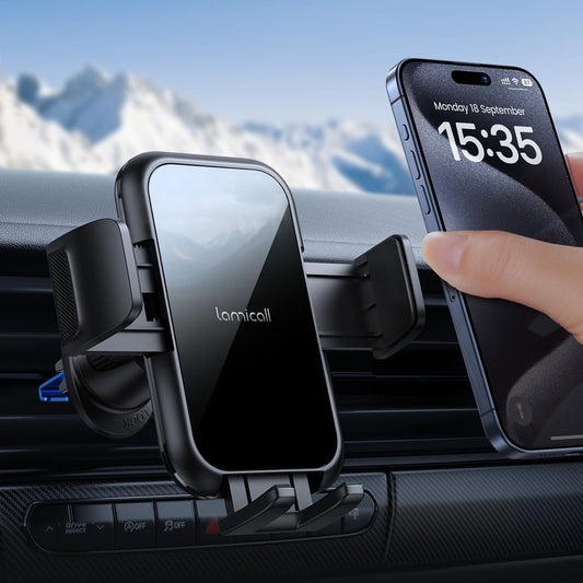 Lamicall 2025 Wider Clamp & Metal Hook Car Phone Holder Vent [Thick Cases Friendly] Phone Holders for Your Car Mount Automobile Hands Free Cradle Vent for iPhone 15 14 13 Pro Max (Lucite Black)