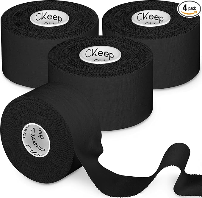 CKeep Athletic Tape, 4 Pack Black Sports Tape, Very Sturdy No Glue Residue, Wrist Ankle Tape for Muscle, Climbing, Boxing, Athletes, Baseball Bats, Strains, Sprains, Injuries（1.5 Inches）