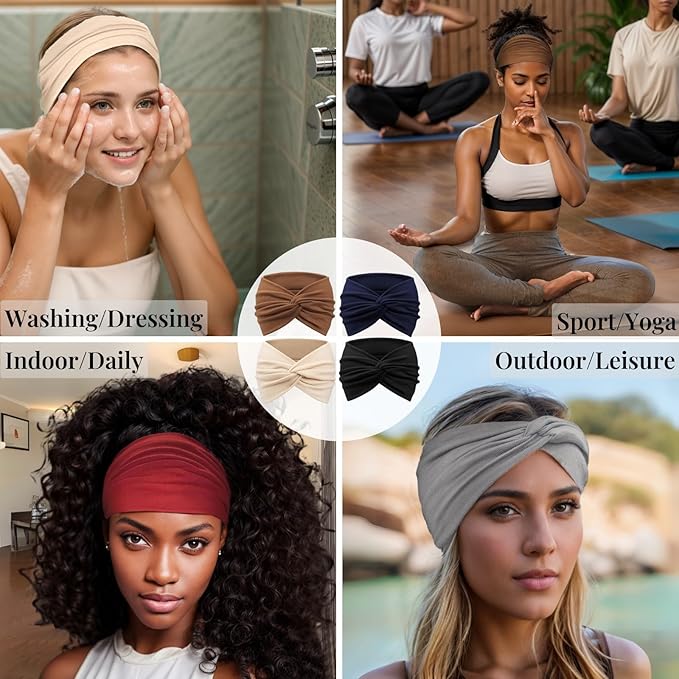 Wide Headbands for Women Yoga Running Sports Headhand Bandana Boho Non Slip Sweat Head Bands Accessories 4 Pack