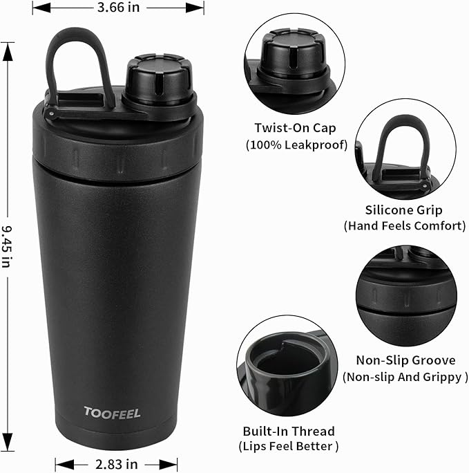 TOOFEEL Stainless Steel Shaker Bottle - 20 oz Double Walled Insulated Shaker Cup, Keeps Cold/Hot, For Protein Mixes & Gym Workout
