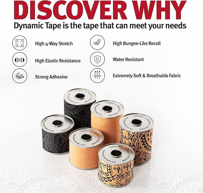 Dynamic Tape Original | Biomechanical Adhesive Tape | Physio Tape for Knee, Ankle, Shoulder, Leg, Muscle Support | Sports Tape for Football, Rugby, Ideal for Athletes | Beige & Black - 2" (6)